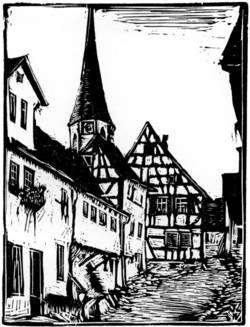 W. H. Wöhr: Brackenheim, Blick zur Stadtkirche (Holzschnitt ca. 1930)